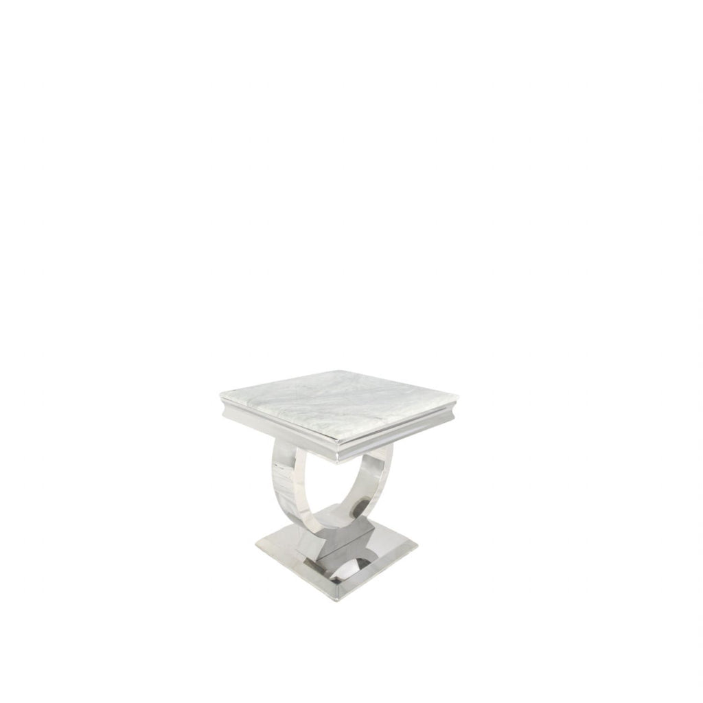 White Marble Effect Lamp Table with Chrome Pedestal Base