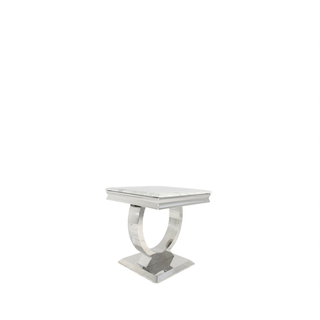 White Marble Effect Lamp Table with Chrome Pedestal Base