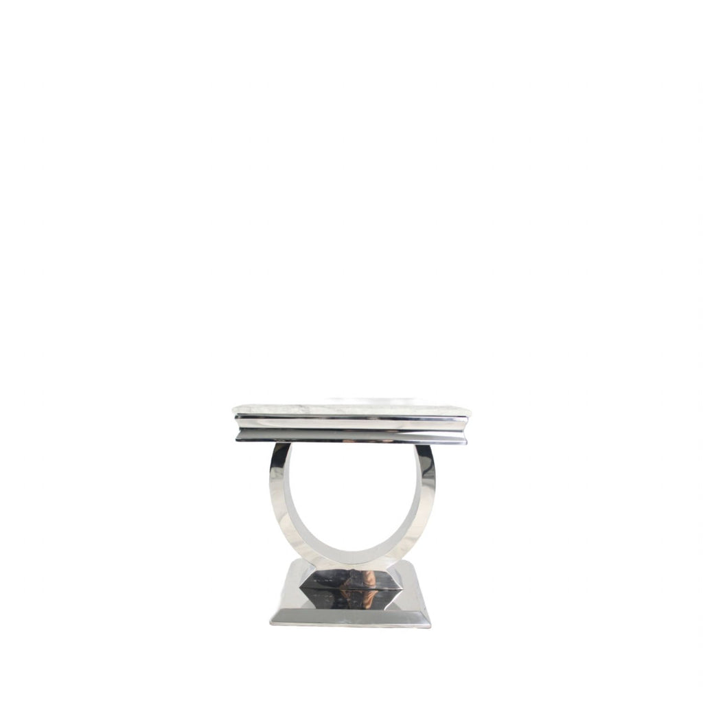 White Marble Effect Lamp Table with Chrome Pedestal Base