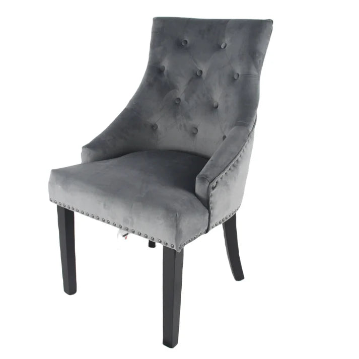 Dark Grey Velvet Dining Chair with Black Ring Knocker and Black Legs (BK Cheshire)