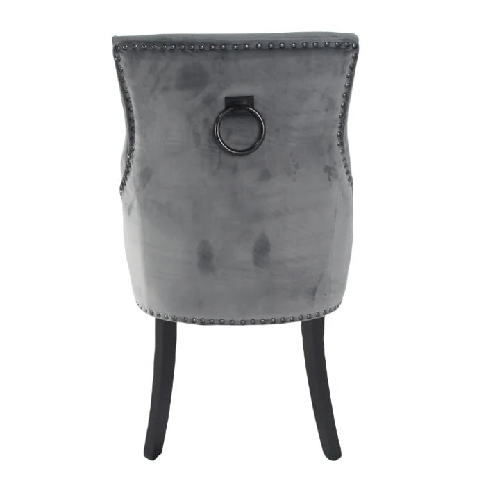 Dark Grey Velvet Dining Chair with Black Ring Knocker and Black Legs
