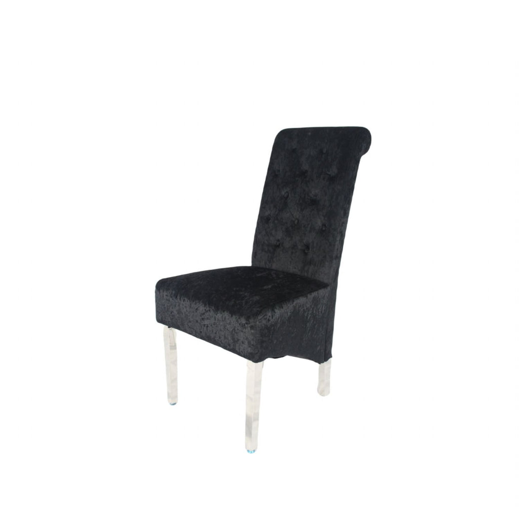 Crushed Black Velvet Dining Chair with Lion Knocker and Chrome Legs