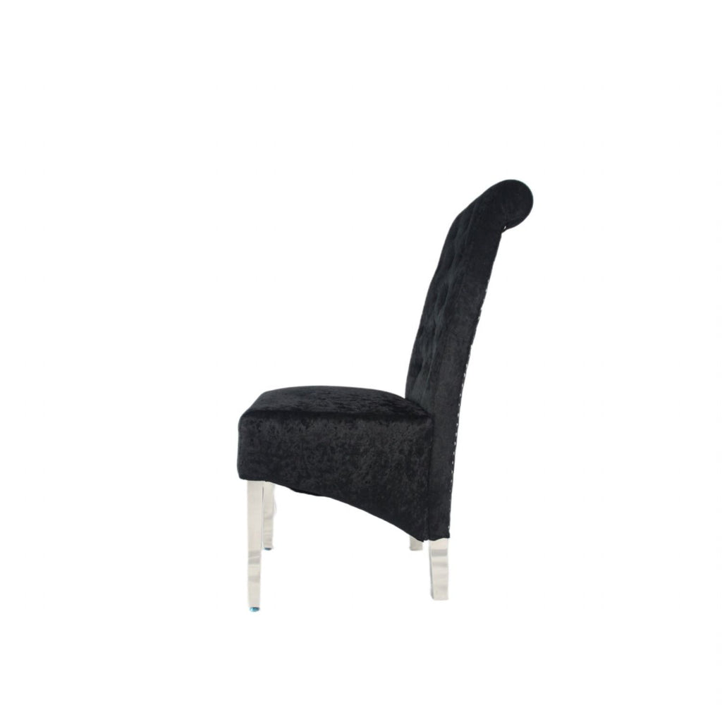 Crushed Black Velvet Dining Chair with Lion Knocker and Chrome Legs