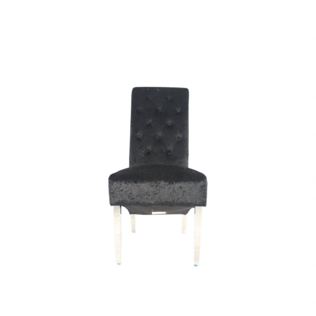 Crushed Black Velvet Dining Chair with Lion Knocker and Chrome Legs