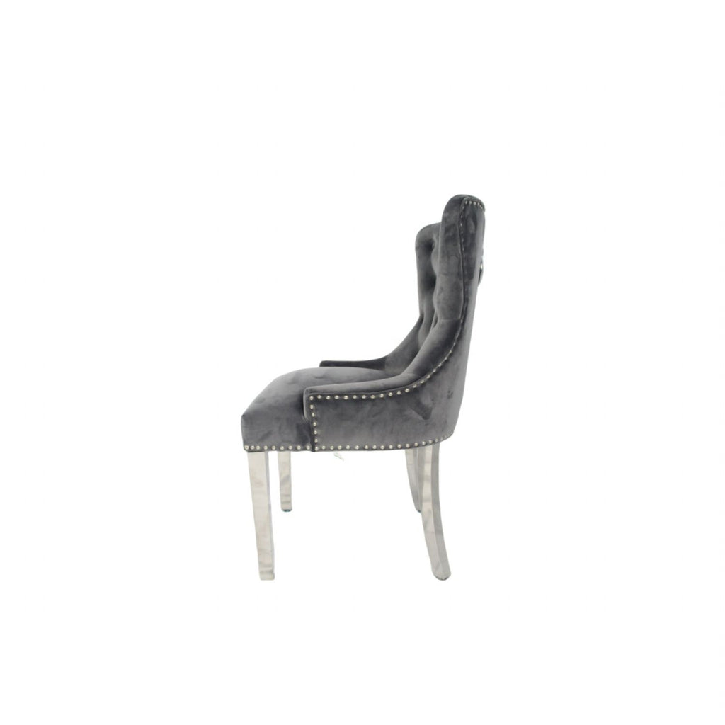Dark Grey Velvet Dining Chair with Ring Knocker and Chrome Legs