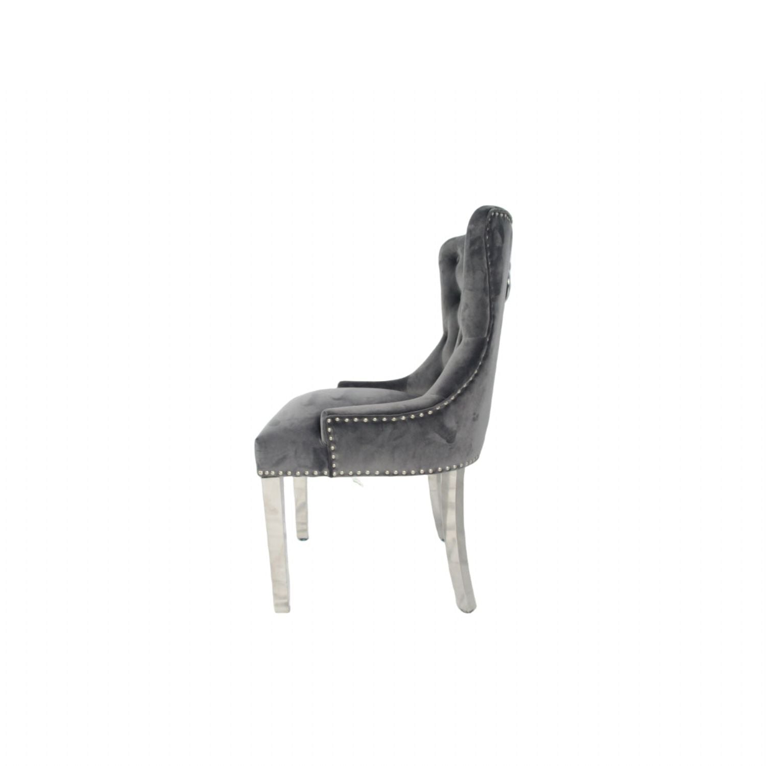 Dark Grey Velvet Dining Chair with Ring Knocker and Chrome Legs