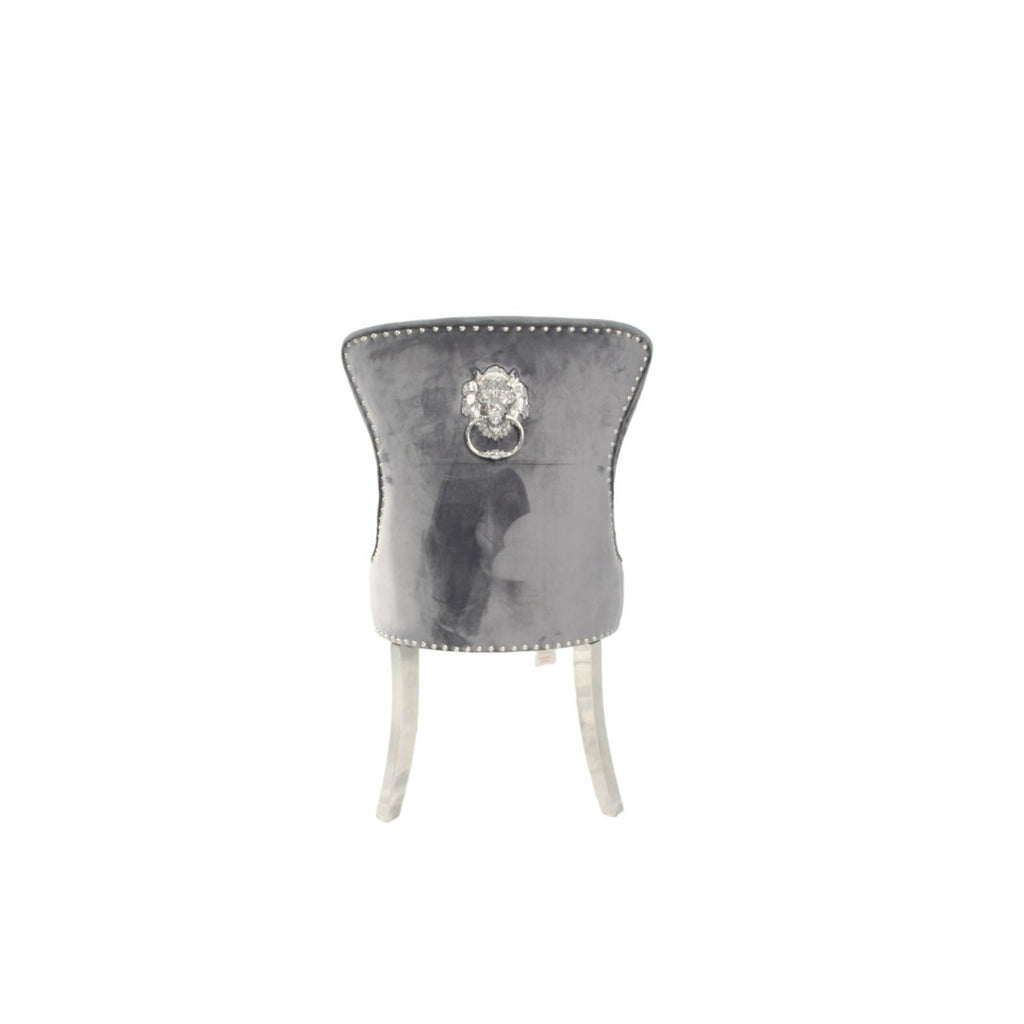 Dark Grey Velvet Dining Chair with Lion Knocker and Chrome Legs