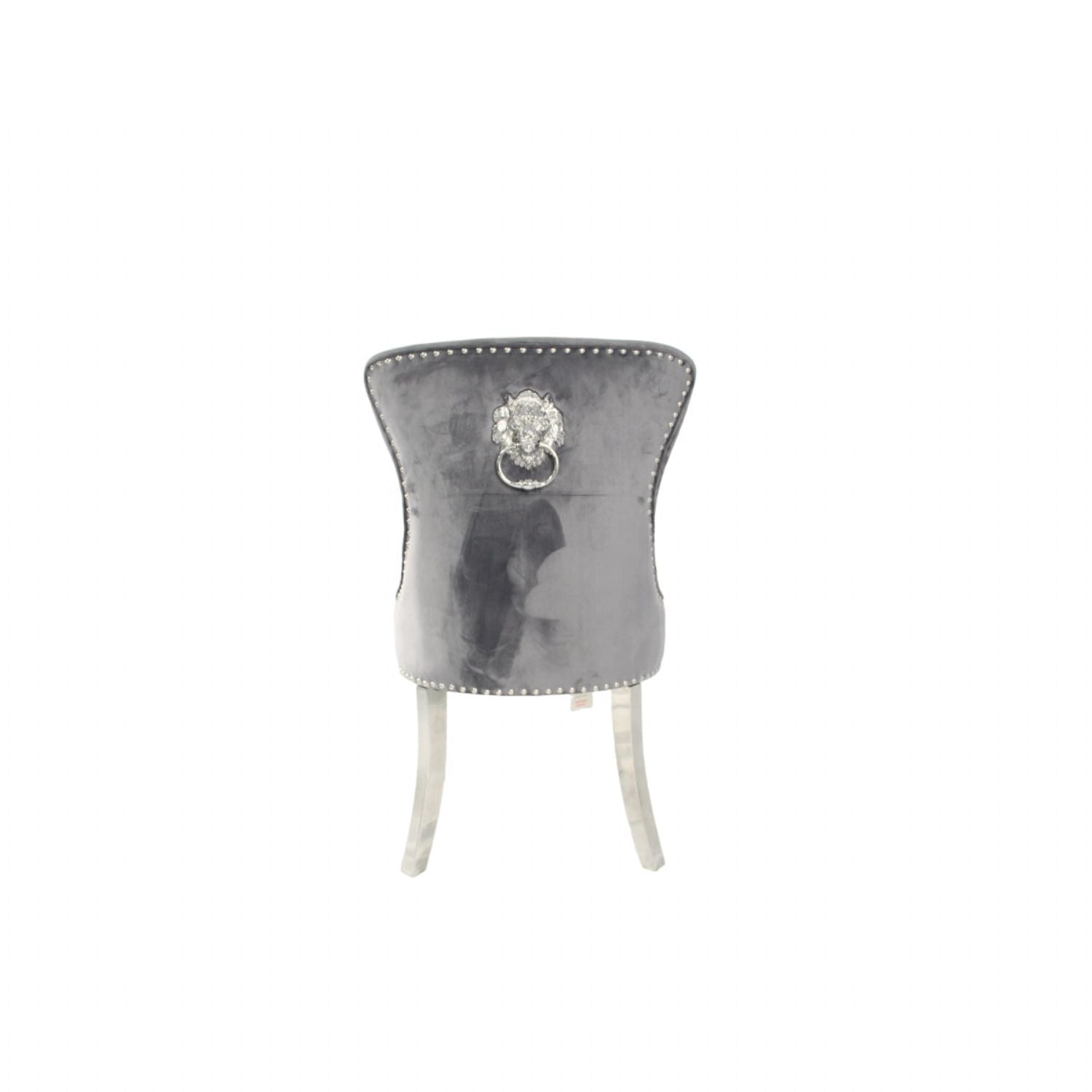Dark Grey Velvet Dining Chair with Lion Knocker and Chrome Legs
