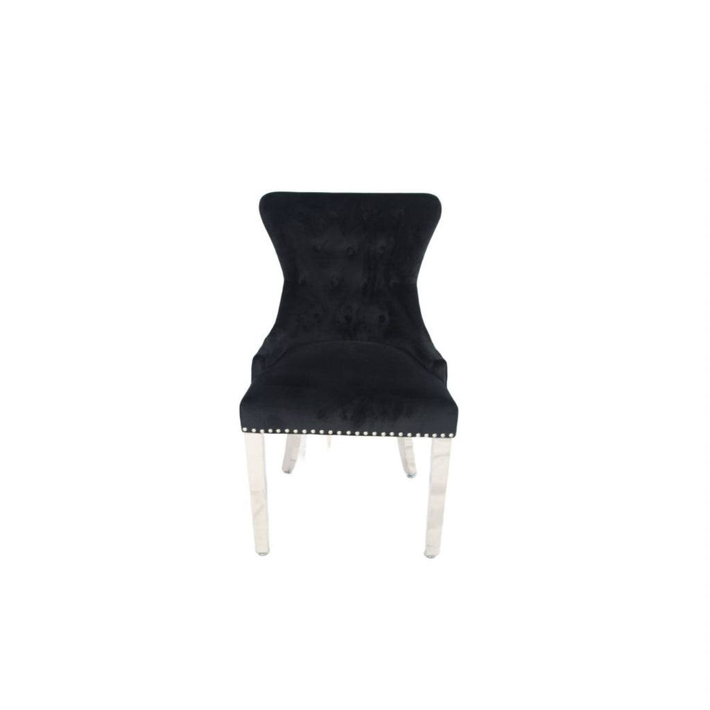 Black Velvet Dining Chair with Lion Knocker and Chrome Legs