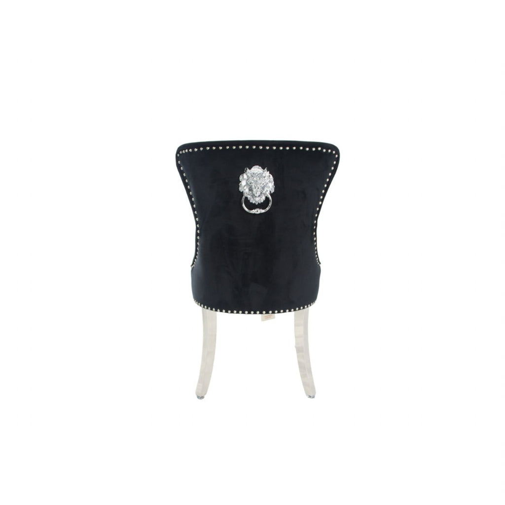 Black Velvet Dining Chair with Lion Knocker and Chrome Legs
