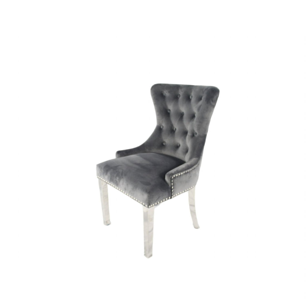 Dark Grey Velvet Dining Chair with Lion Knocker and Chrome Legs