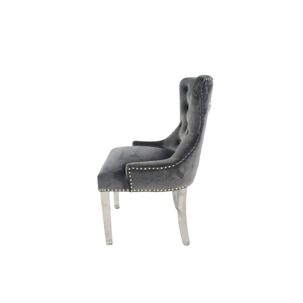 Dark Grey Velvet Dining Chair with Lion Knocker and Chrome Legs
