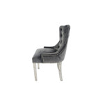 Dark Grey Velvet Dining Chair with Lion Knocker and Chrome Legs