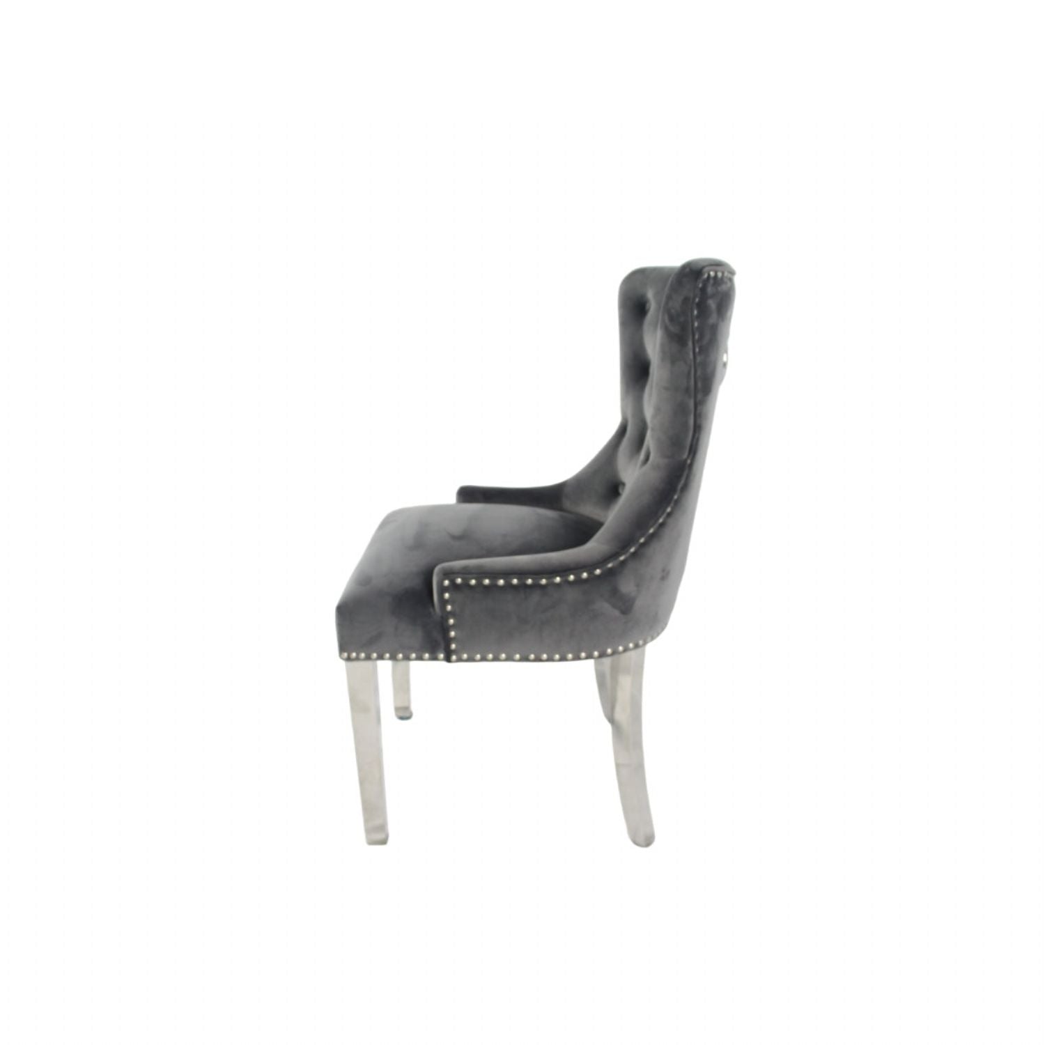 Dark Grey Velvet Dining Chair with Lion Knocker and Chrome Legs