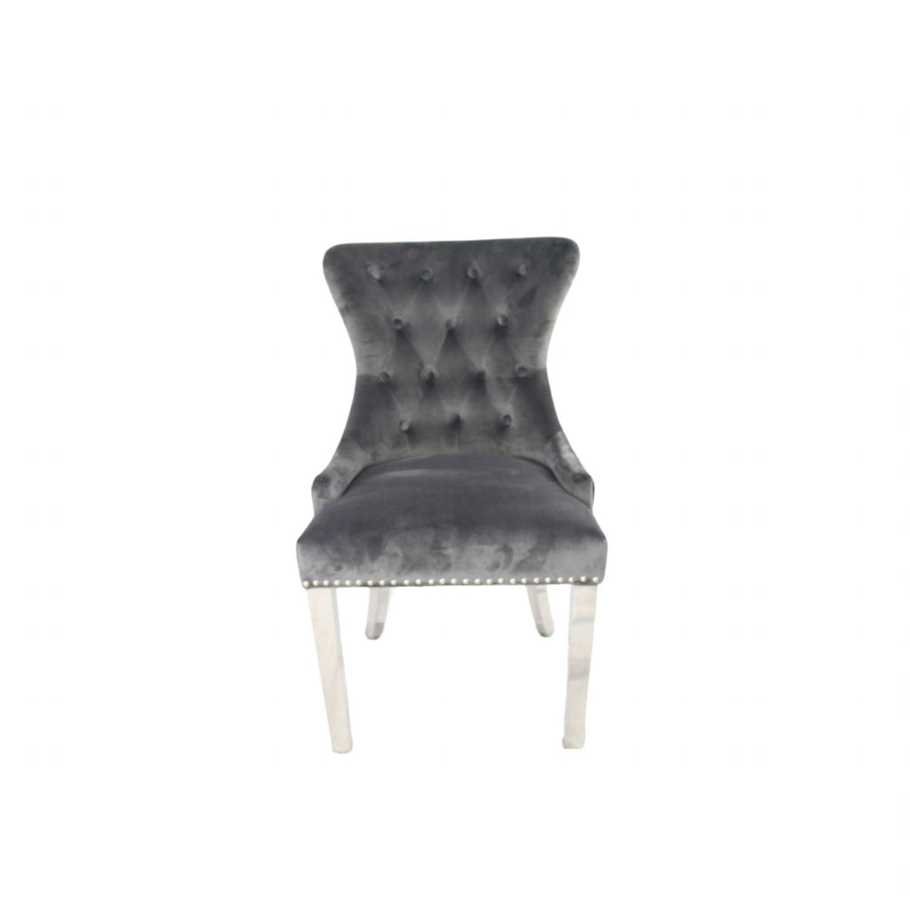 Dark Grey Velvet Dining Chair with Lion Knocker and Chrome Legs
