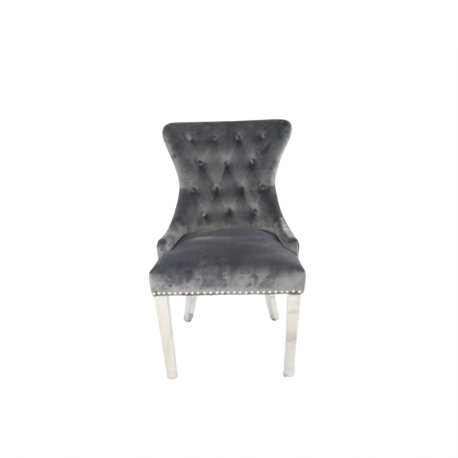 Dark Grey Velvet Dining Chair with Lion Knocker and Chrome Legs