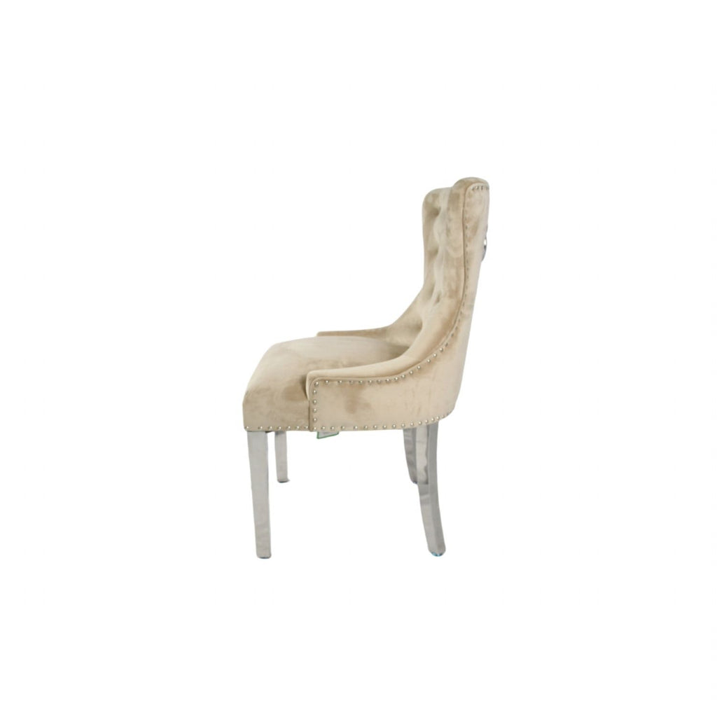 Cream Velvet Dining Chair with Lion Knocker and Chrome Legs