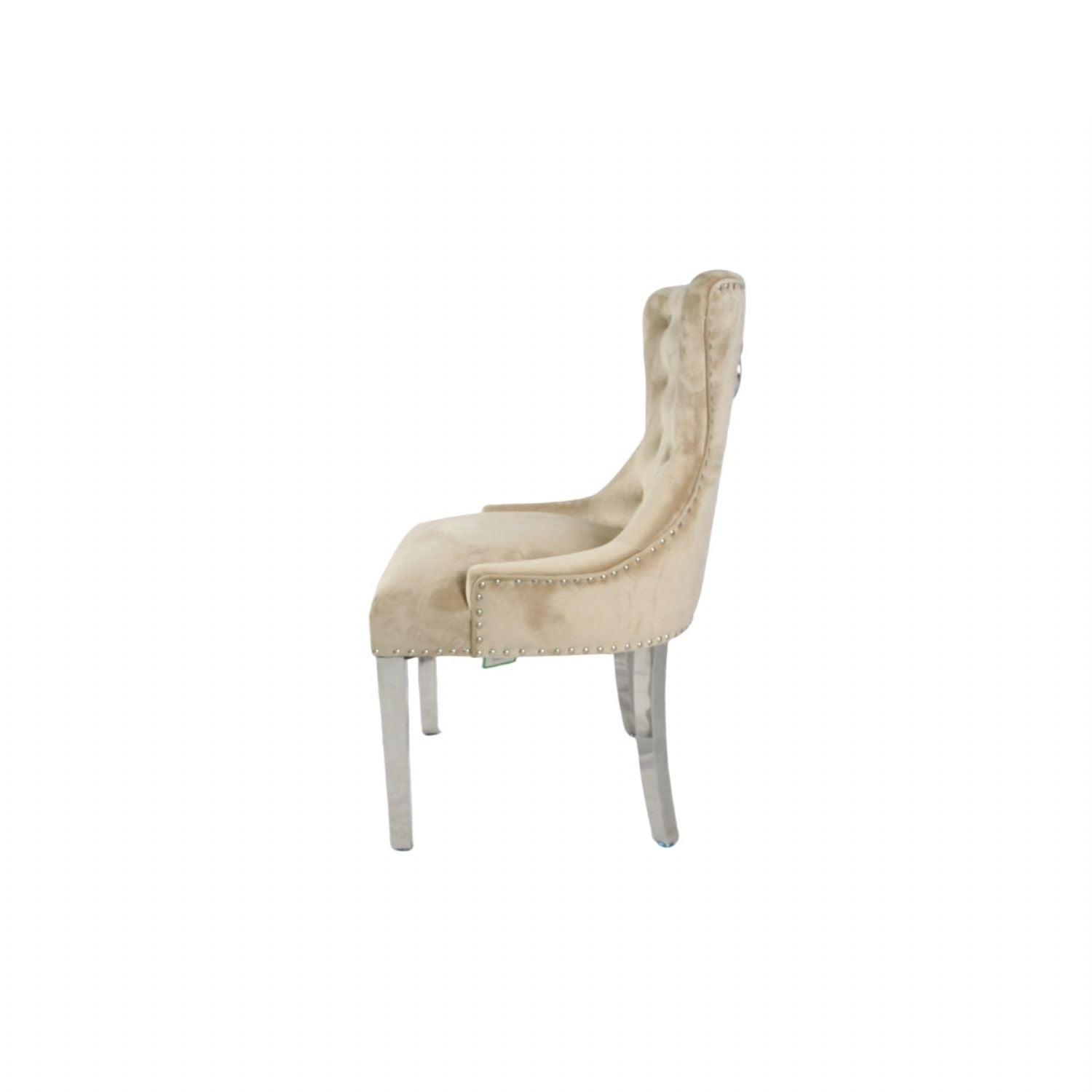 Cream Velvet Dining Chair with Lion Knocker and Chrome Legs