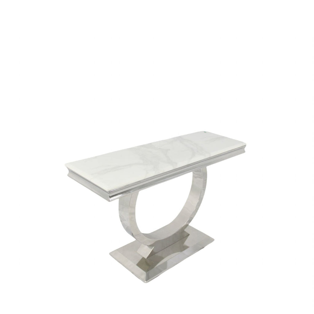 White Marble Effect 1.2m Console Table with Chrome Circular Pedestal Base