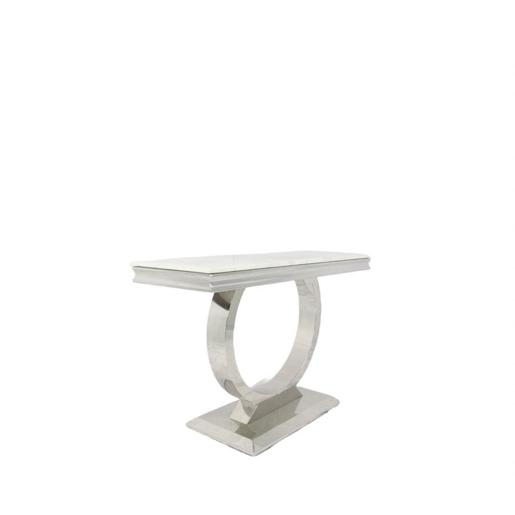 White Marble Effect 1.2m Console Table with Chrome Circular Pedestal Base