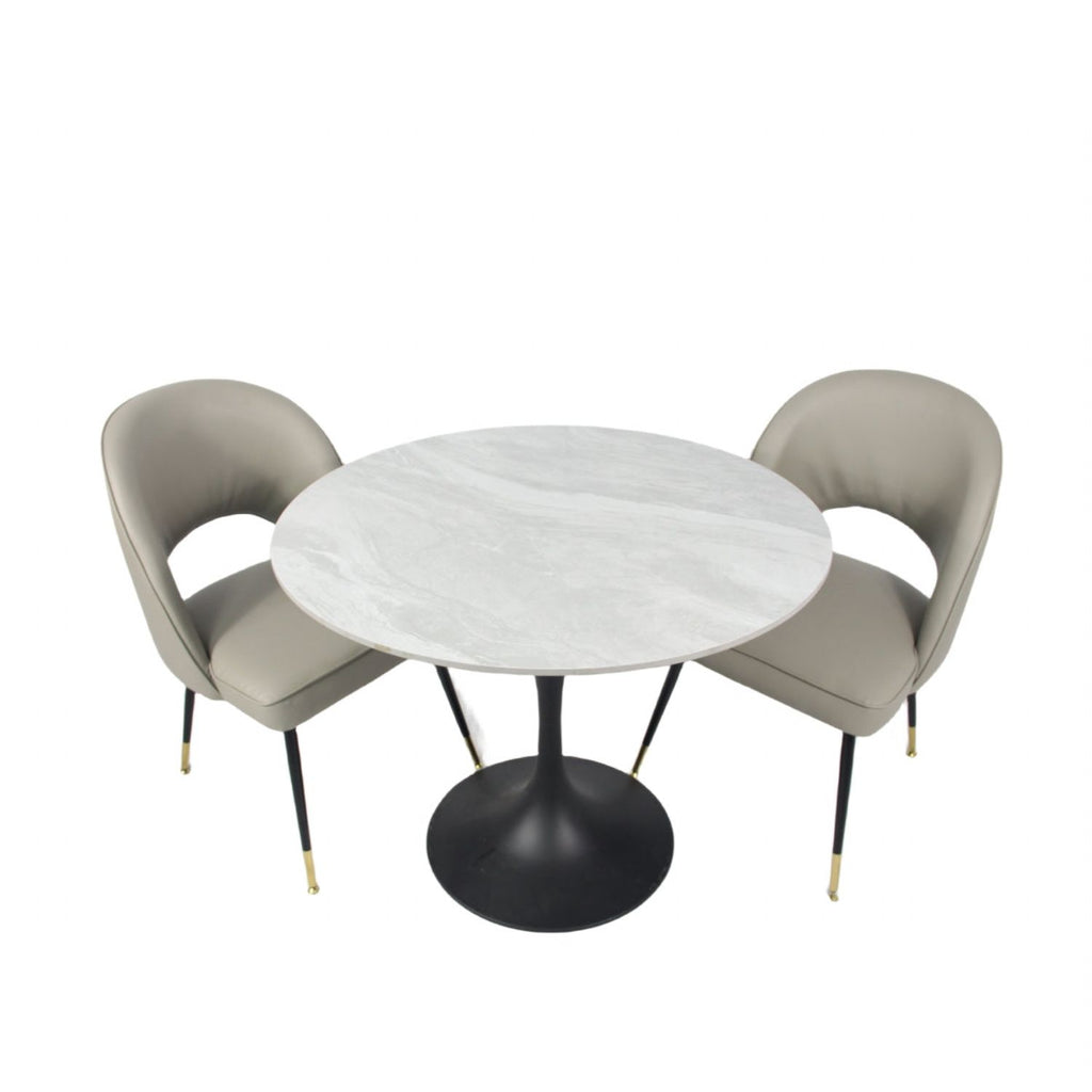 Grey Ceramic 0.9m Round Dining Table with Black Pedestal Base