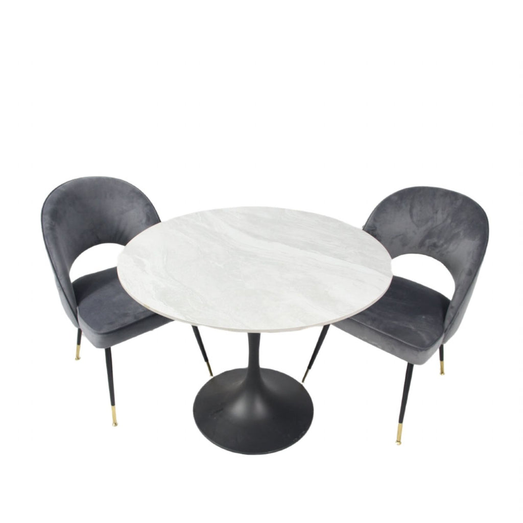 Grey Ceramic 0.9m Round Dining Table with Black Pedestal Base
