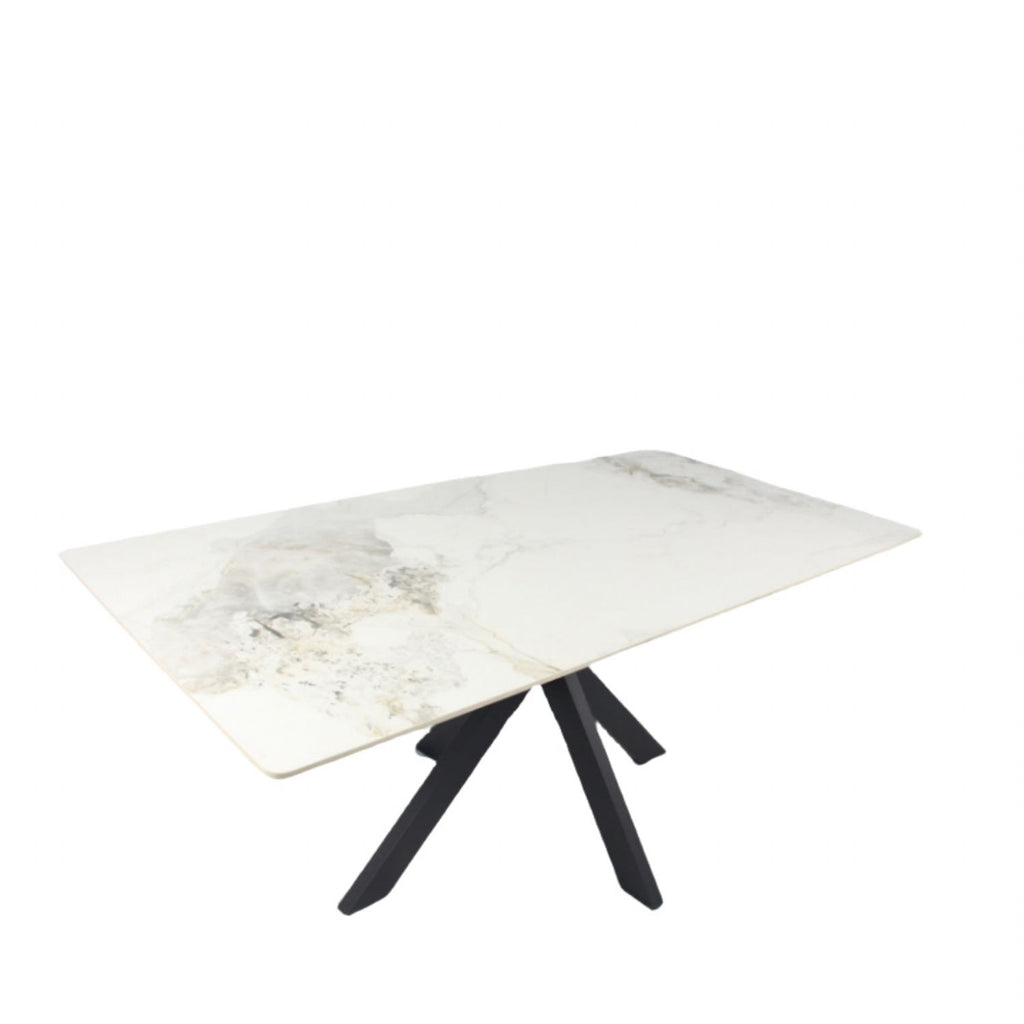White Marble Effect Ceramic 1.8m/1.5m Dining Table with Black Cross Pedestal Base