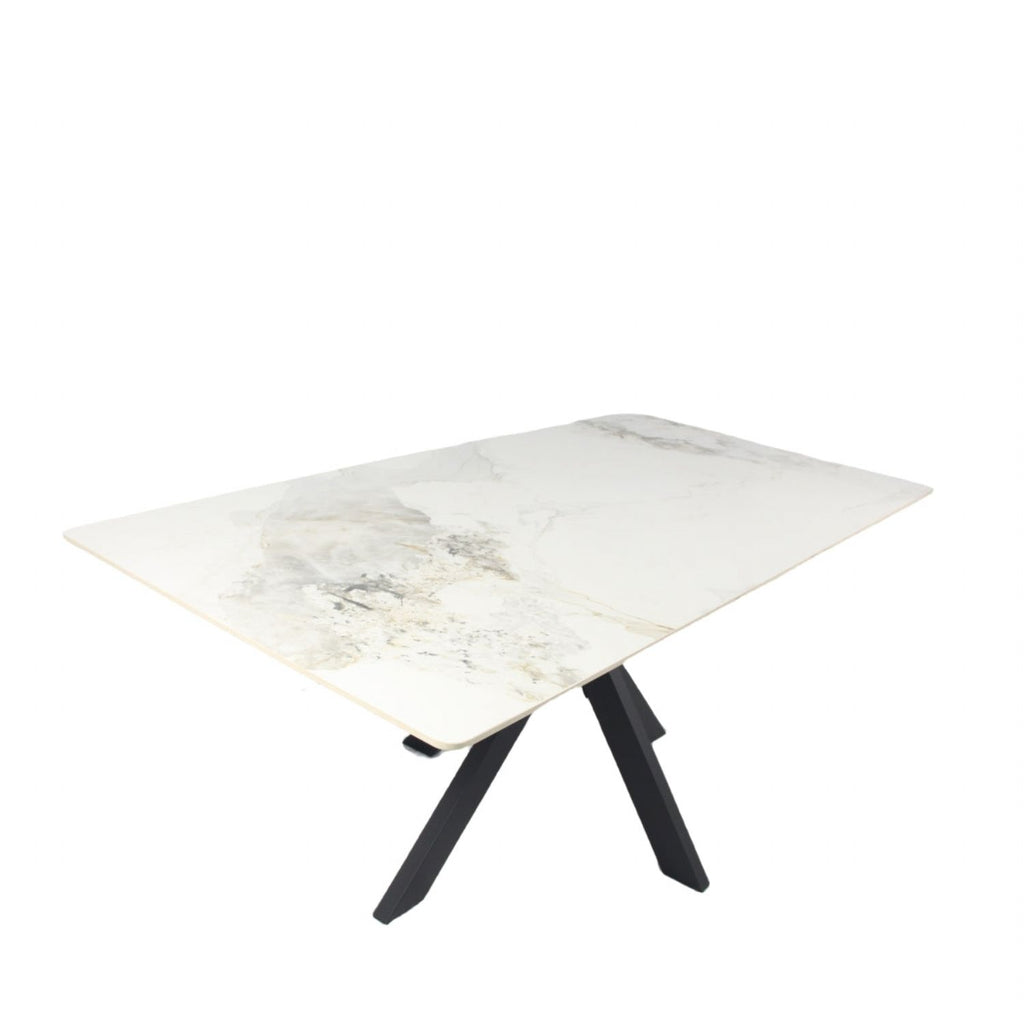 White Marble Effect Ceramic 1.8m/1.5m Dining Table with Black Cross Pedestal Base