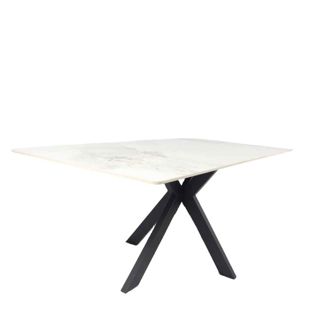 White Marble Effect Ceramic 1.8m/1.5m Dining Table with Black Cross Pedestal Base