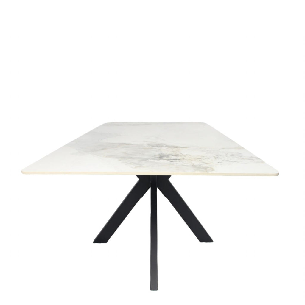 White Marble Effect Ceramic 1.8m/1.5m Dining Table with Black Cross Pedestal Base