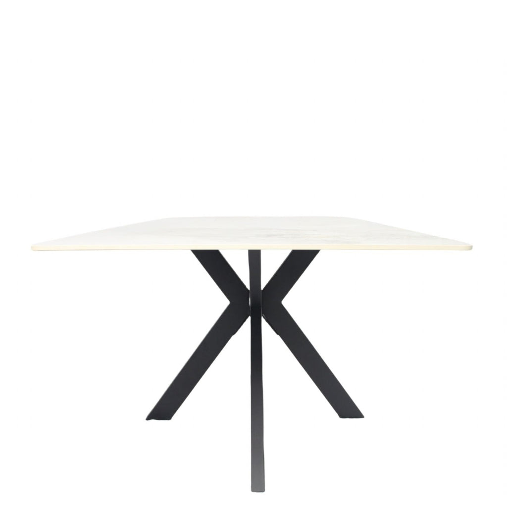 White Marble Effect Ceramic 1.8m/1.5m Dining Table with Black Cross Pedestal Base