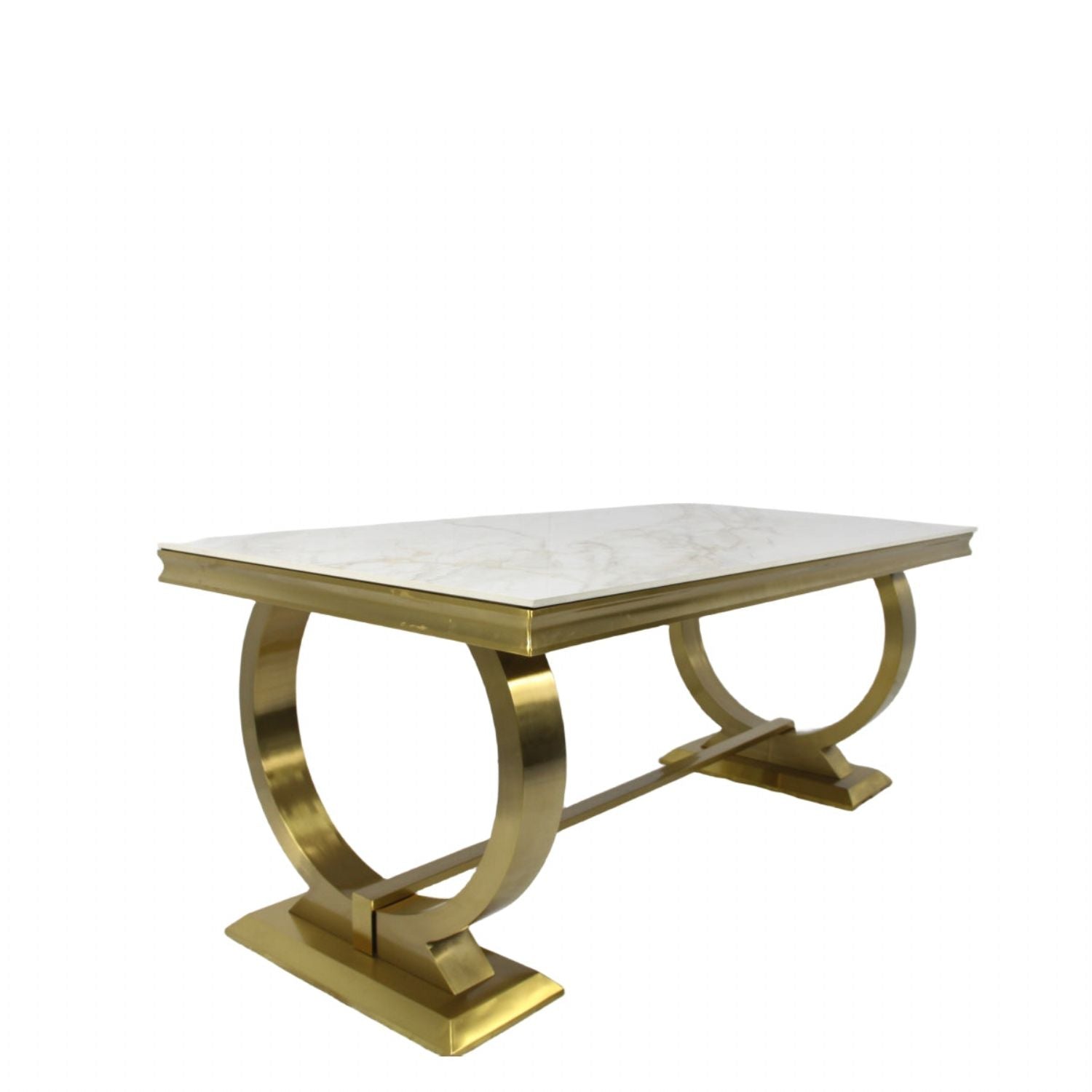 White Marble Effect 2.0m/1.8m Dining Table with Gold Circular Pedestal Base