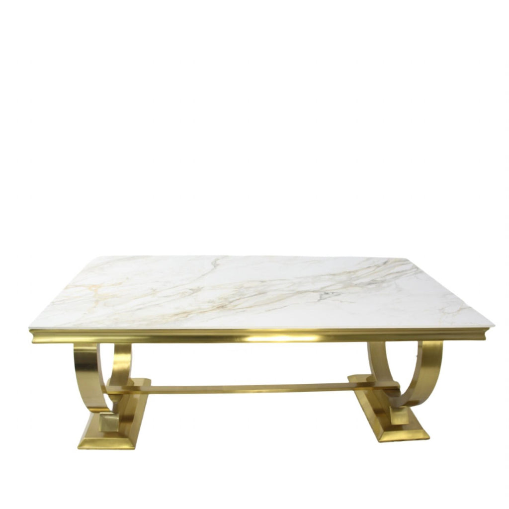 White Marble Effect 2.0m/1.8m Dining Table with Gold Circular Pedestal Base