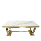 White Marble Effect 2.0m/1.8m Dining Table with Gold Circular Pedestal Base