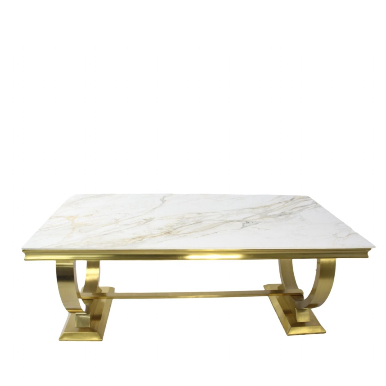 White Marble Effect 2.0m/1.8m Dining Table with Gold Circular Pedestal Base