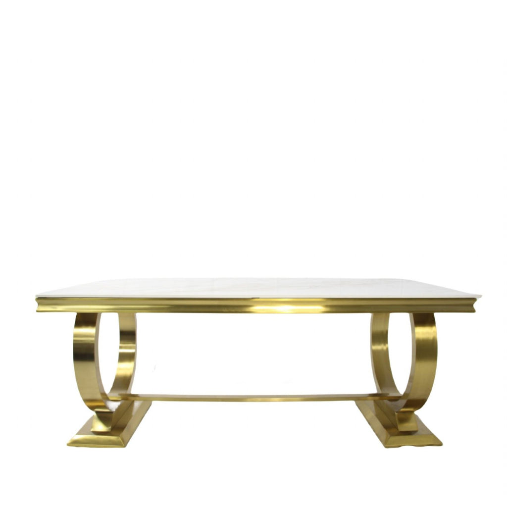 White Marble Effect 2.0m/1.8m Dining Table with Gold Circular Pedestal Base