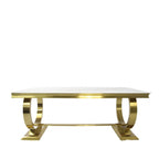 White Marble Effect 2.0m/1.8m Dining Table with Gold Circular Pedestal Base