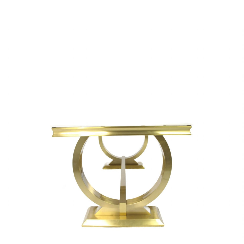 White Marble Effect 2.0m/1.8m Dining Table with Gold Circular Pedestal Base
