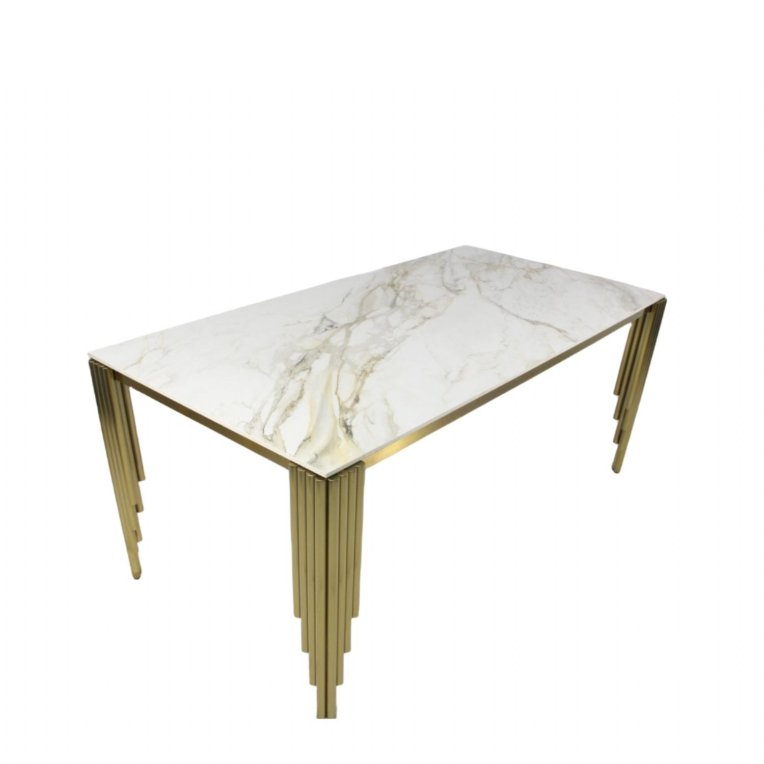 White Marble Effect 1.8m Dining Table with Gold Art Deco Metal Legs