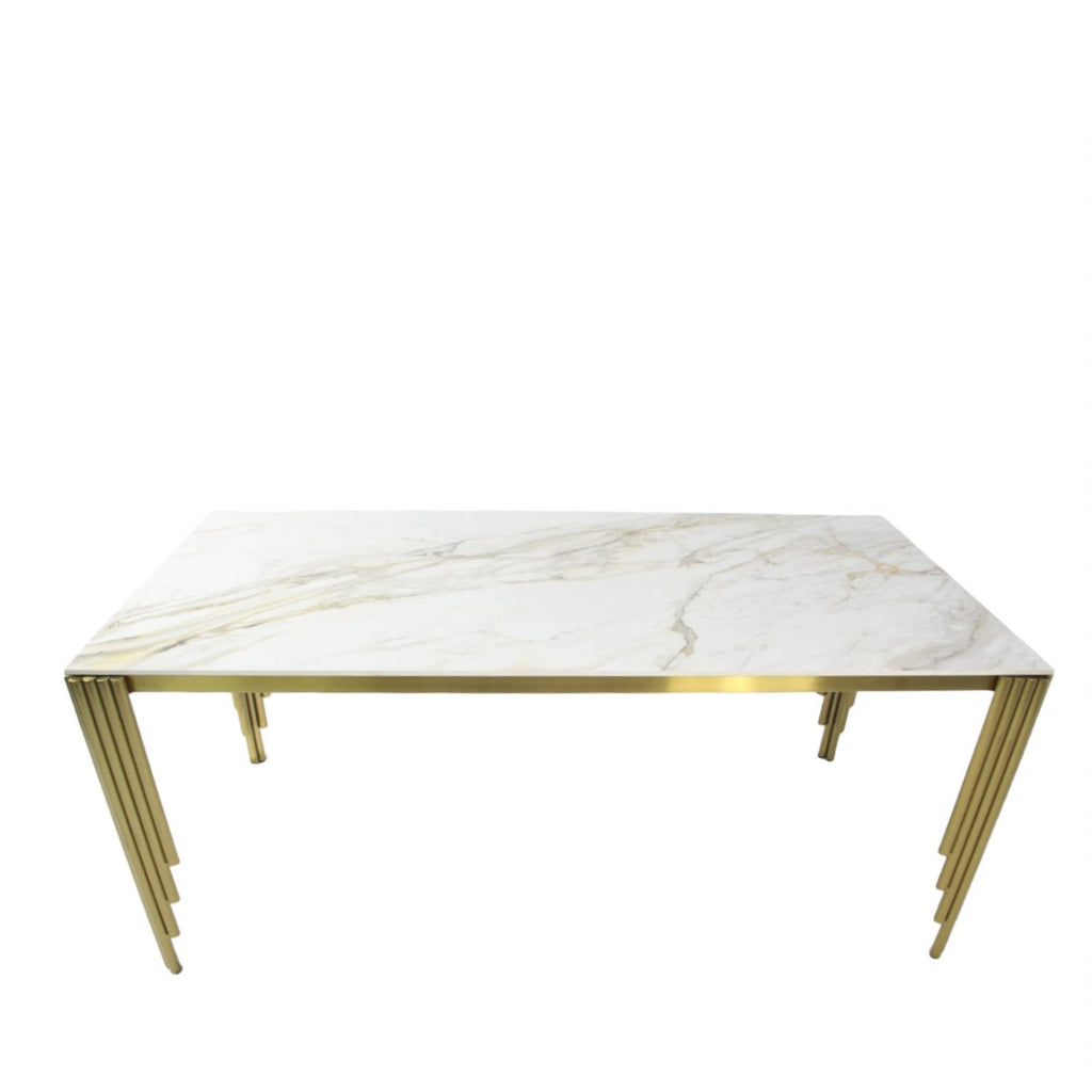 White Marble Effect 1.8m Dining Table with Gold Art Deco Metal Legs