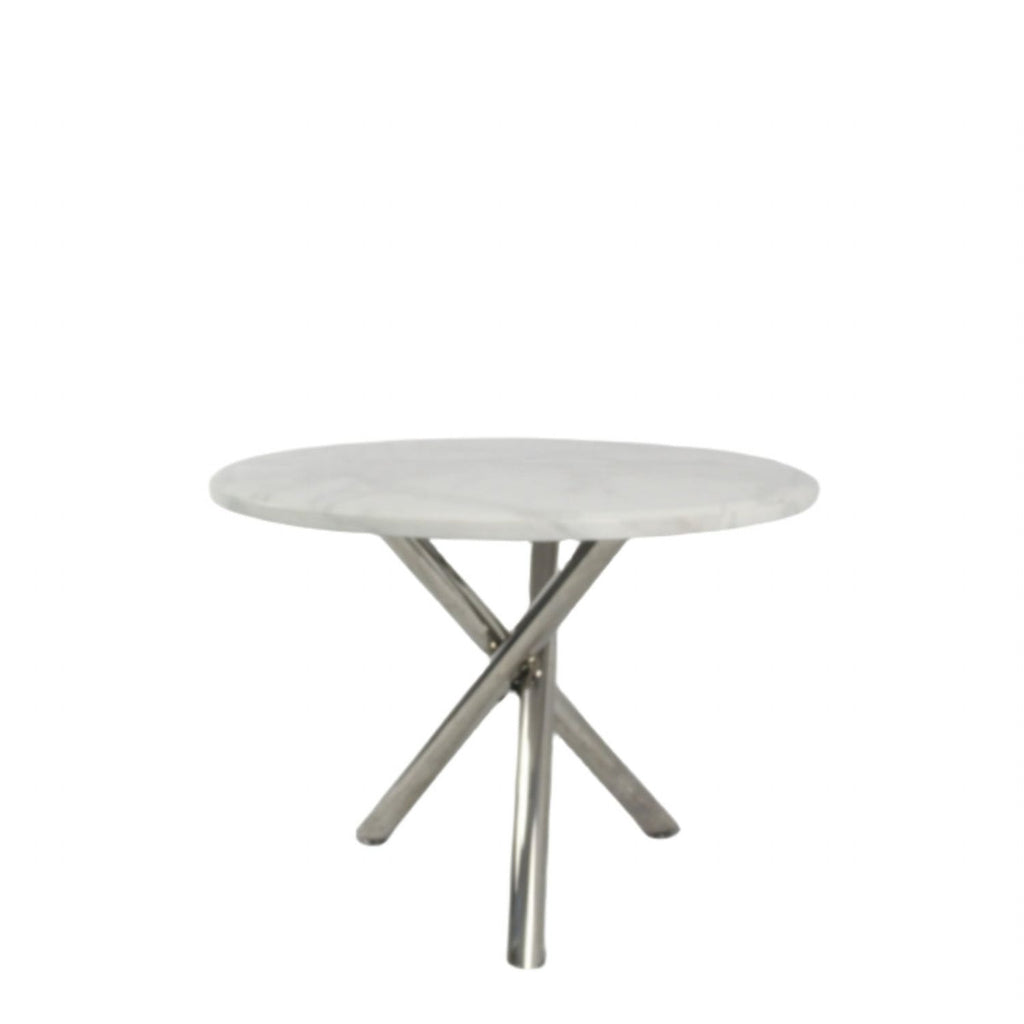 White Marble Effect 1m Round Dining Table with Chrome Twisted Pedestal Base