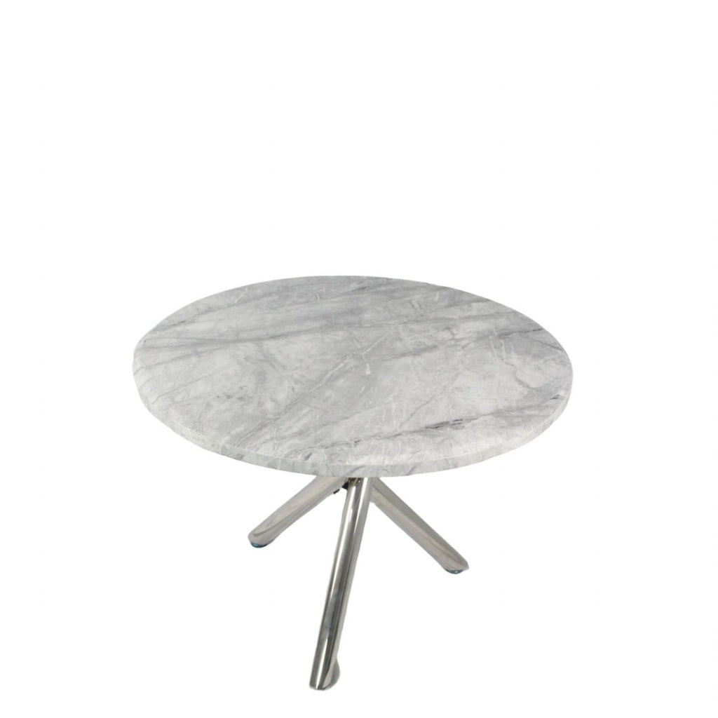 White Marble Effect 1m Round Dining Table with Chrome Twisted Pedestal Base