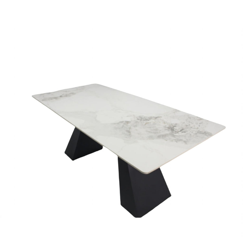 White Marble Effect Ceramic 6 Seater Rectangular Dining Table with Black Angular Legs