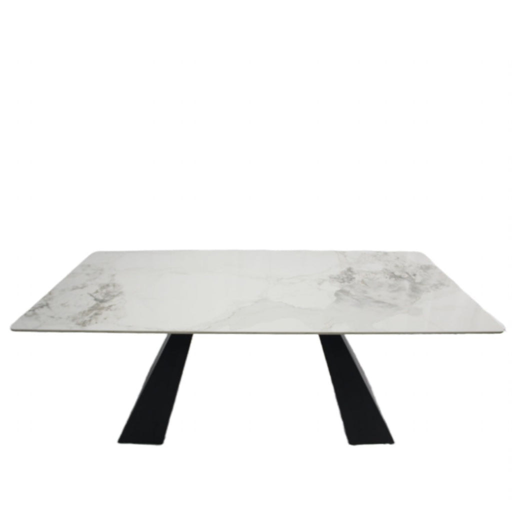 White Marble Effect Ceramic 6 Seater Rectangular Dining Table with Black Angular Legs