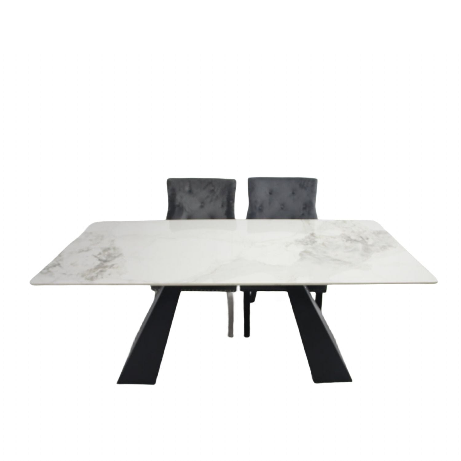 White Marble Effect Ceramic 6 Seater Rectangular Dining Table with Black Angular Legs