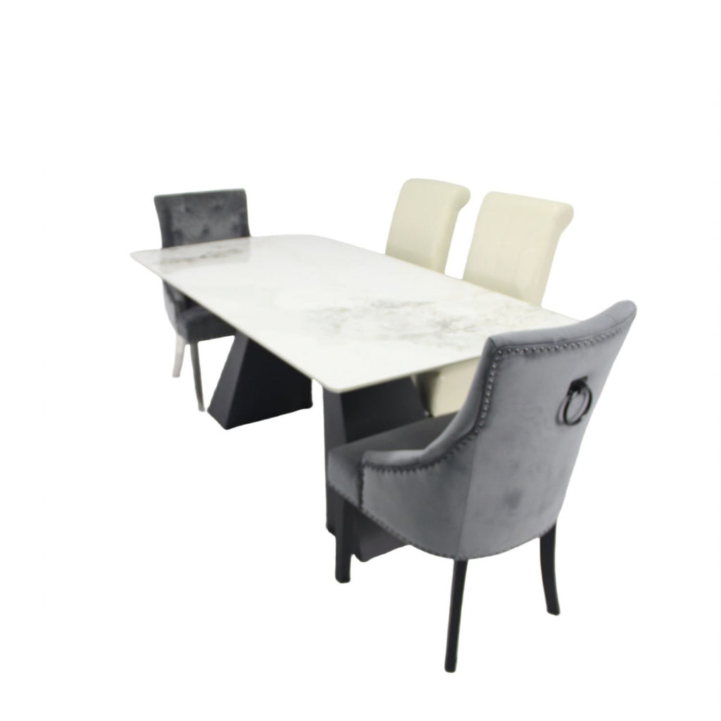 White Marble Effect Ceramic 6 Seater Rectangular Dining Table with Black Angular Legs