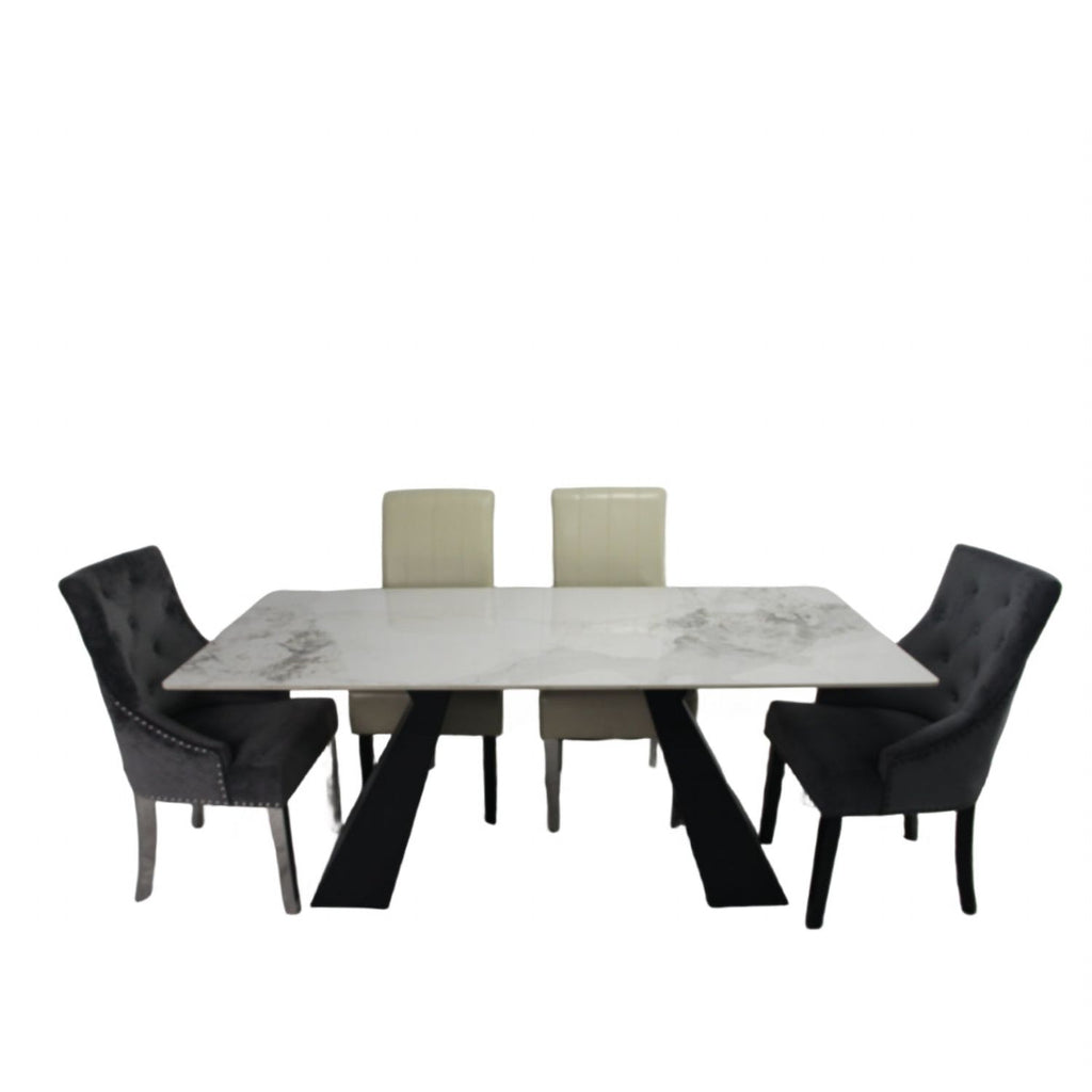 White Marble Effect Ceramic 6 Seater Rectangular Dining Table with Black Angular Legs
