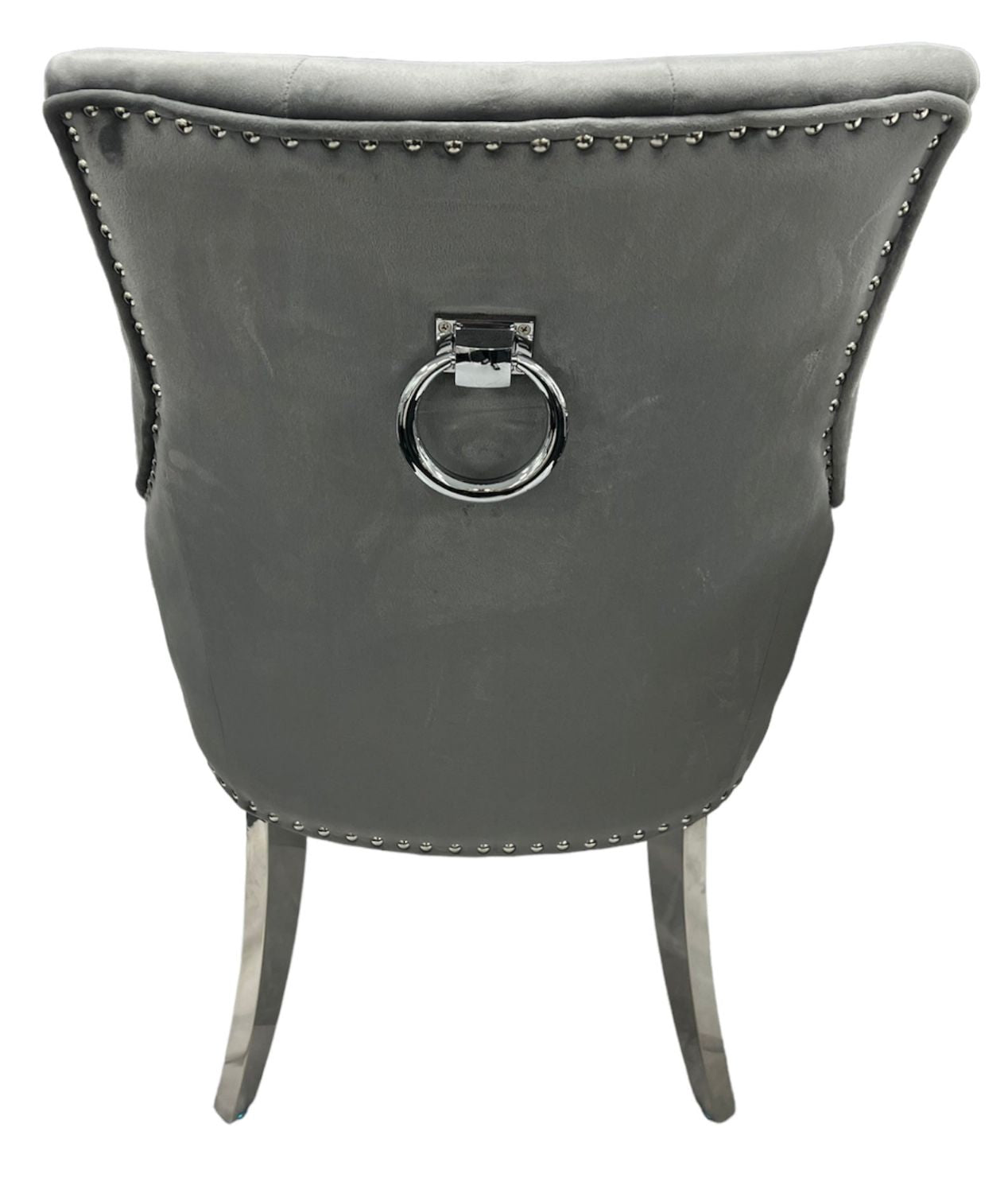 Dark Grey Velvet Dining Chair with Ring Knocker and Chrome Legs