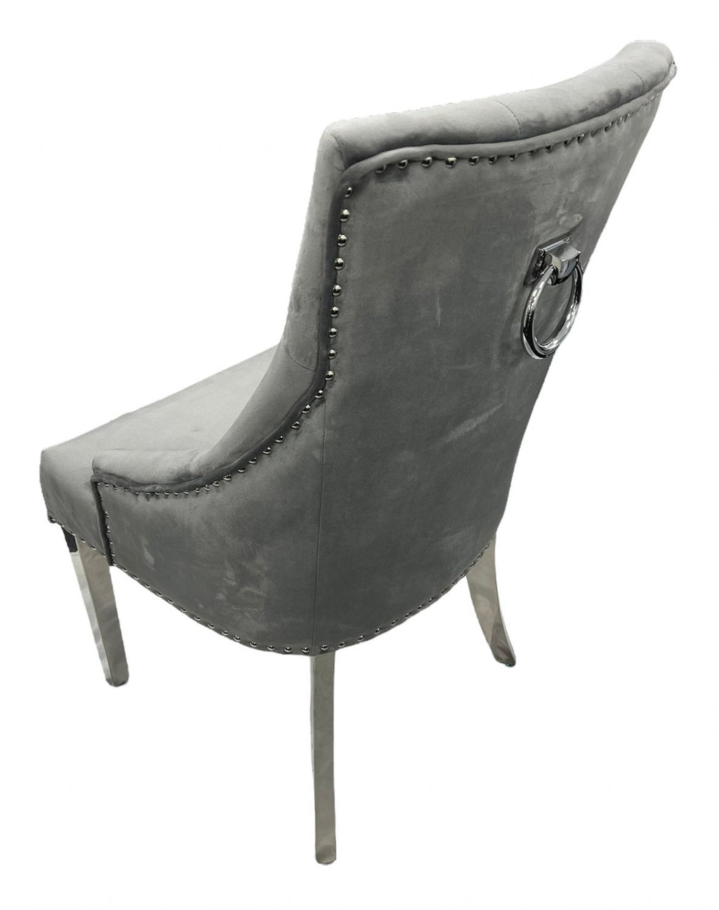 Dark Grey Velvet Dining Chair with Ring Knocker and Chrome Legs