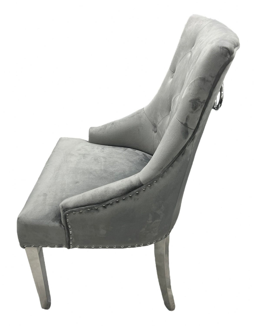 Dark Grey Velvet Dining Chair with Ring Knocker and Chrome Legs